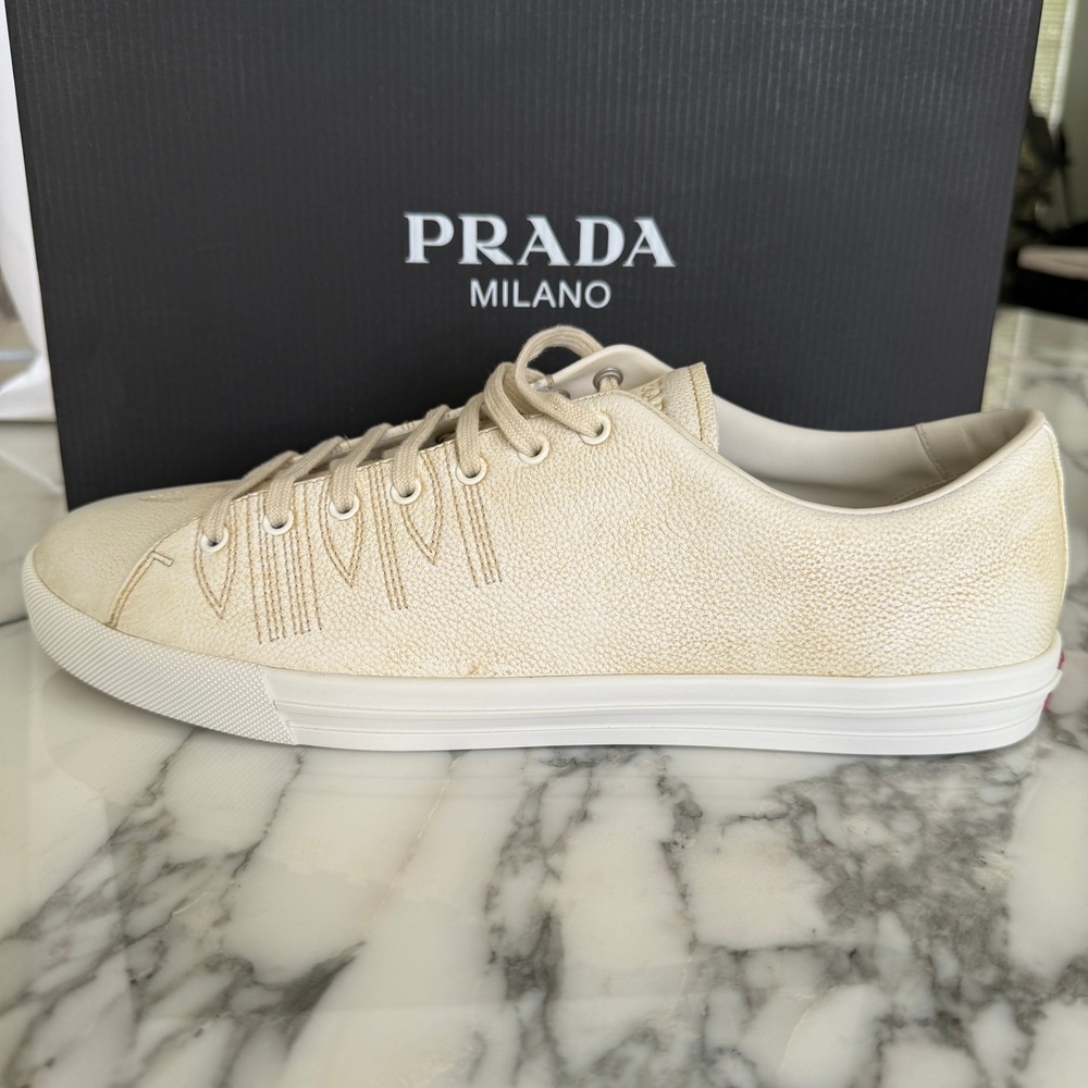 Prada Milano 2EE448 Mens White Pebbled Leather Low Top Sneakers, UK 10 - Picture 5 of 16